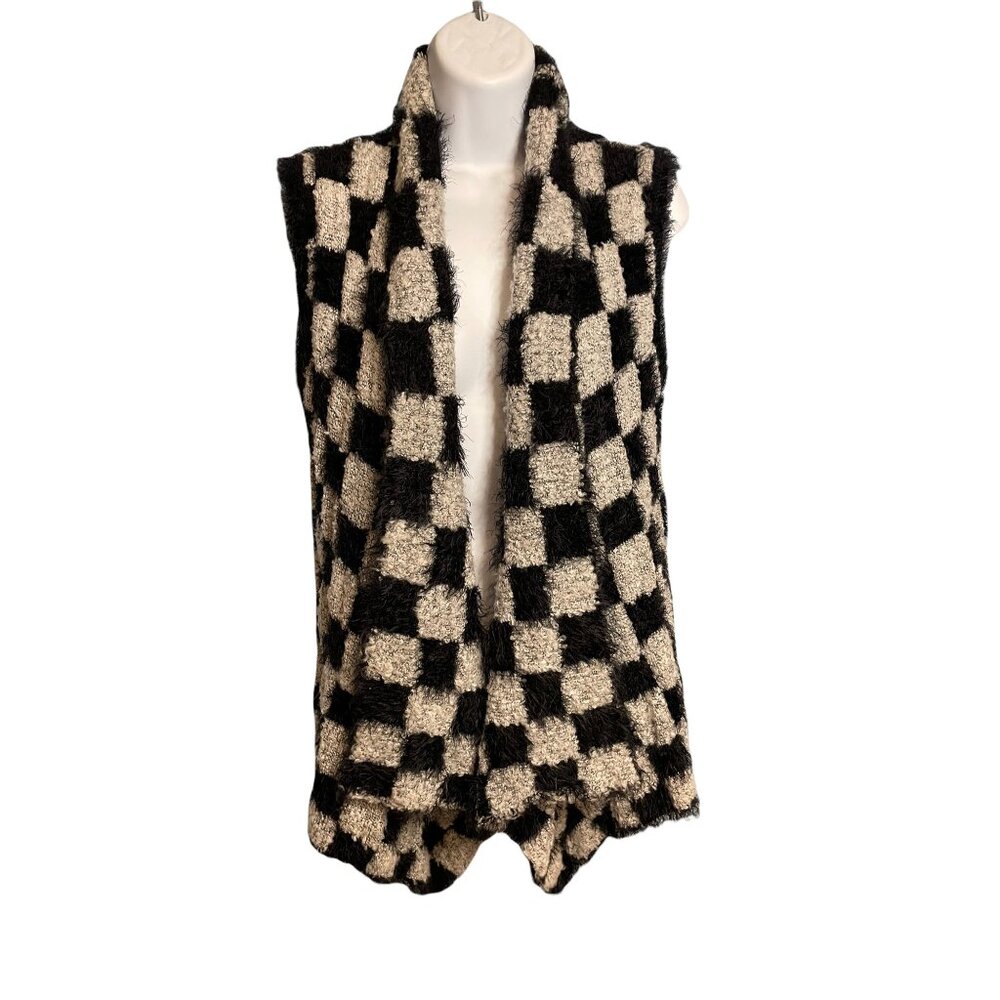 Milano Checkered Black White Sleeveless Fuzzy Knit Vest Sz Small